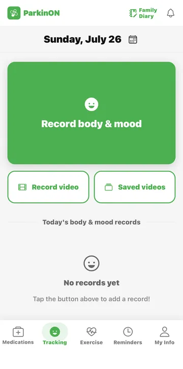 ParkinON app — recording body state and mood