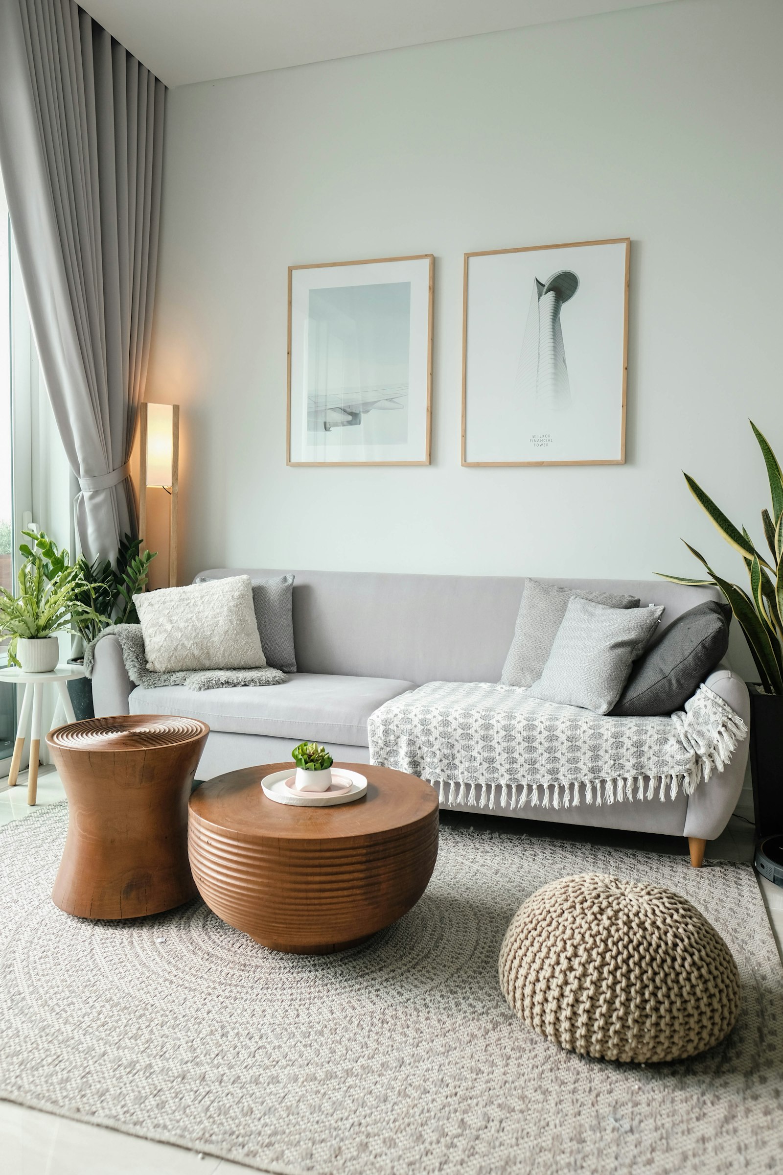 A living room with a large window